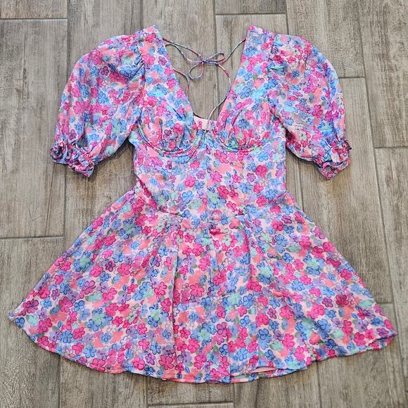 For Love & Lemons Angie Mini Dress Womens L Blue Pink Floral Corset Puff Sleeve - Picture 3 of 16